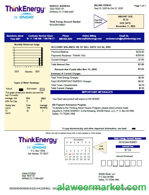 USA Think Energy utility bill template in Word and PDF formats, version 2